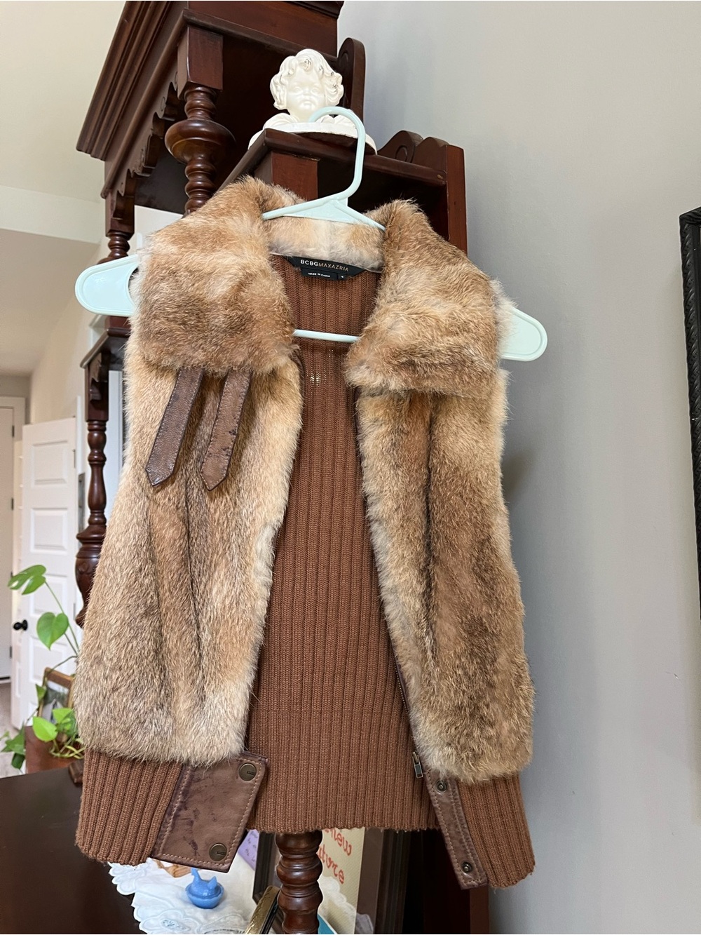 BCBGMaxAzria Brown Knit Vest with Rabbit Fur Collar